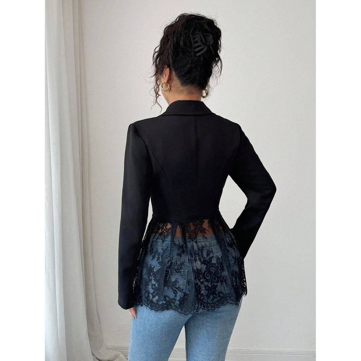 Elegant Style Women's Suit Jacket A-Line Silhouette Lace Waist Color Block Autumn New Arrival Fashion Outerwear