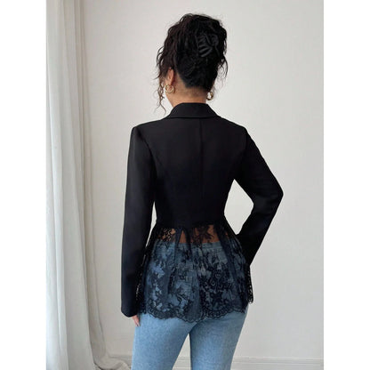 Elegant Style Women's Suit Jacket A-Line Silhouette Lace Waist Color Block Autumn New Arrival Fashion Outerwear