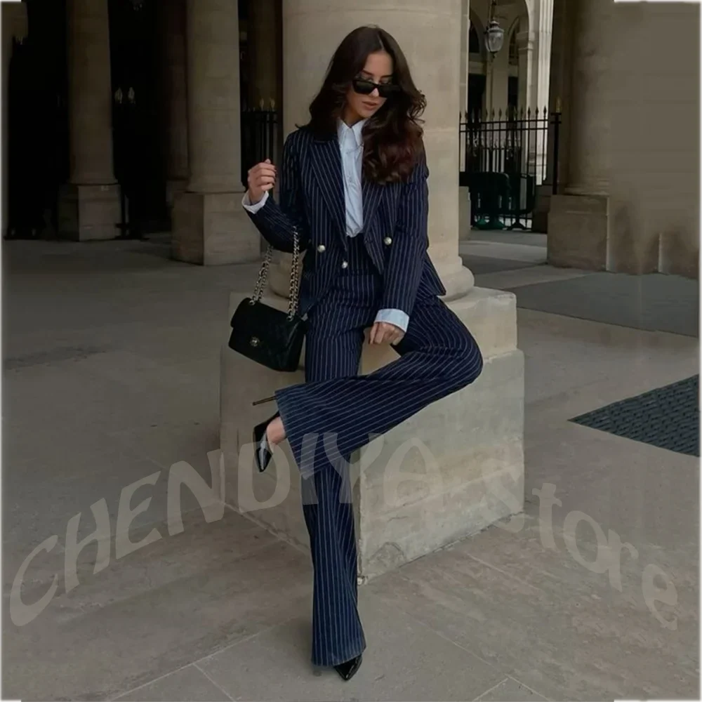 Stylish Striped Women Two Piece Suit Peak Lapel Double Breasted High End Blazer Pants Office Lady Business Formal Matching Set