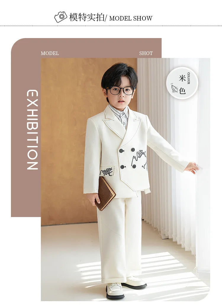 Boys Solid Double Breasted Blazer Jack Vest Pants Children Suit Waistcoat Wedding Clothes Sets Toddler Formal Dress Kids Tuxedos