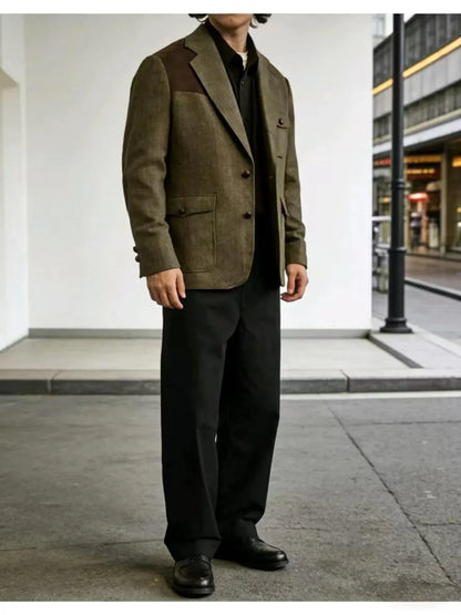 Men's Herringbone Tweed Blazer Shoulder Patchwork Suede Notch Lapel Suit Jacket Classic Fit Casual Business Vintage Sport Coat