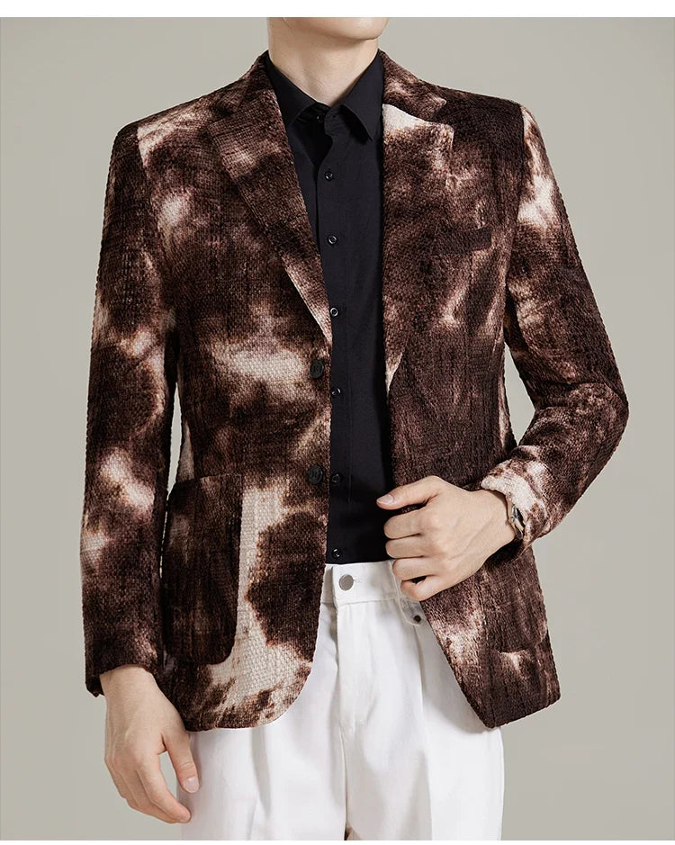 Autumn Korean Slim Fit Suit Jacket for Men Tie Dye Chenille Fashion Casual Suit Jacket Warm Business Social Formal Men Blazers