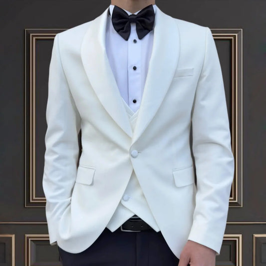 Men Suit White 3 Pieces With Bright Lapel For Wedding Groom Banquet Party Prom Business Work Office Jacket Vest Black Pants