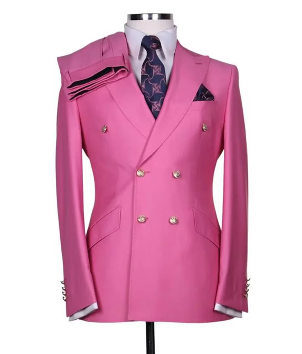 Men's Serge Suit 2 Piece Double Breasted Slim Fit Peak Lapel Gold Button High Quality Formal Blazer Pants Formal Business Weddin