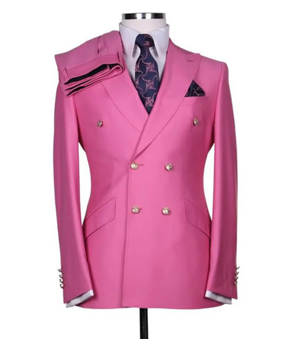 Men's Serge Suit 2 Piece Double Breasted Slim Fit Peak Lapel Gold Button High Quality Formal Blazer Pants Formal Business Weddin