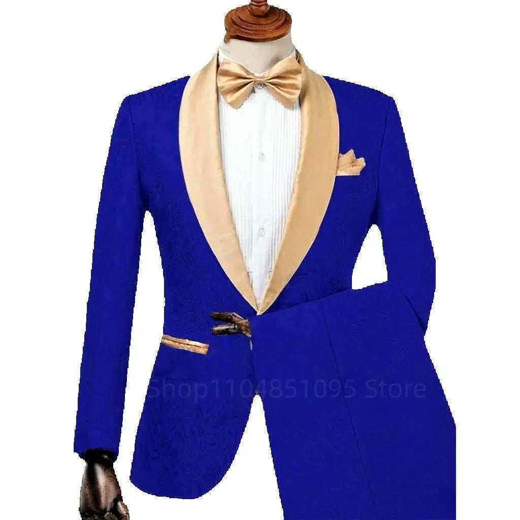 Men's Formal  Jacquard 2-Piece Wedding Suit Shawl Lapel Blazer with Pants Slim Fit Tuxedo Business Costume for Groom Party Prom