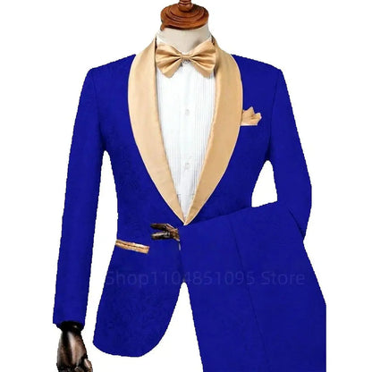 Men's Formal  Jacquard 2-Piece Wedding Suit Shawl Lapel Blazer with Pants Slim Fit Tuxedo Business Costume for Groom Party Prom