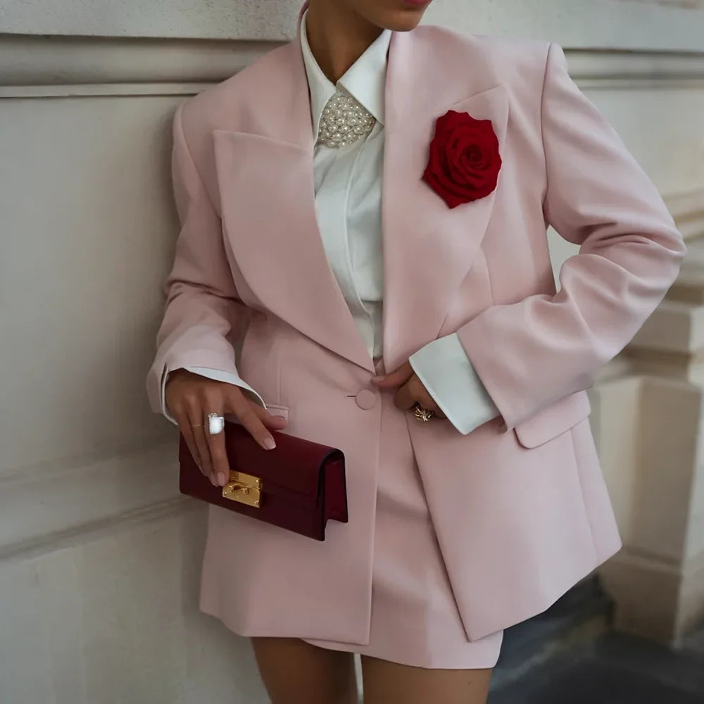 Women's Pink Blazer Dress Single Button Lapel Formal Office Suit 2 Pieces Jacket+Mini Skirt Elegant Banquet Wedding Party Outfit