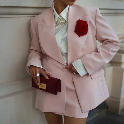 Women's Pink Blazer Dress Single Button Lapel Formal Office Suit 2 Pieces Jacket+Mini Skirt Elegant Banquet Wedding Party Outfit