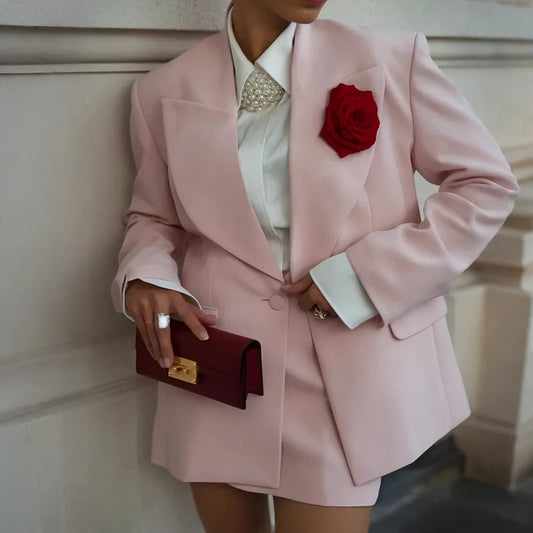 Women's Pink Blazer Dress Single Button Lapel Formal Office Suit 2 Pieces Jacket+Mini Skirt Elegant Banquet Wedding Party Outfit