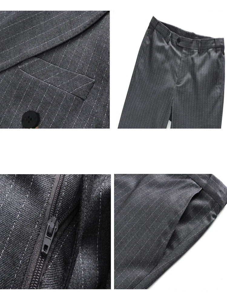 Men's Double-Breasted Slim Fit Striped Suit Set for Business, Casual & Wedding Occasions
