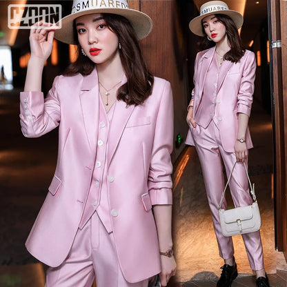 Fashion Elegant Pink High-End Small Business Suit Coat2022Autumn and Winter Elegant Vest Suit Three-Piece Korean Women's Clothin