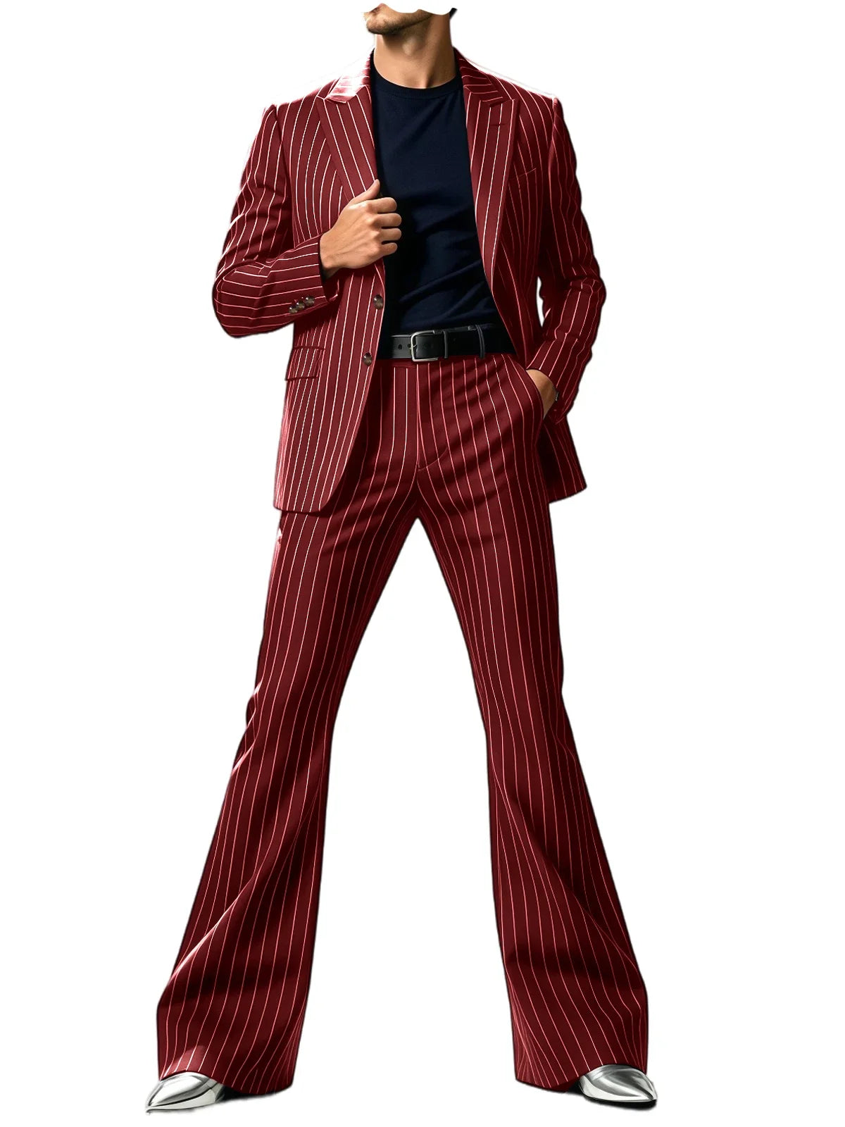 Men's Suit 2-Piece Slim Fit Pinstripe Blazer & High Waist Flared Pants for Business Casual and Formal Occasions