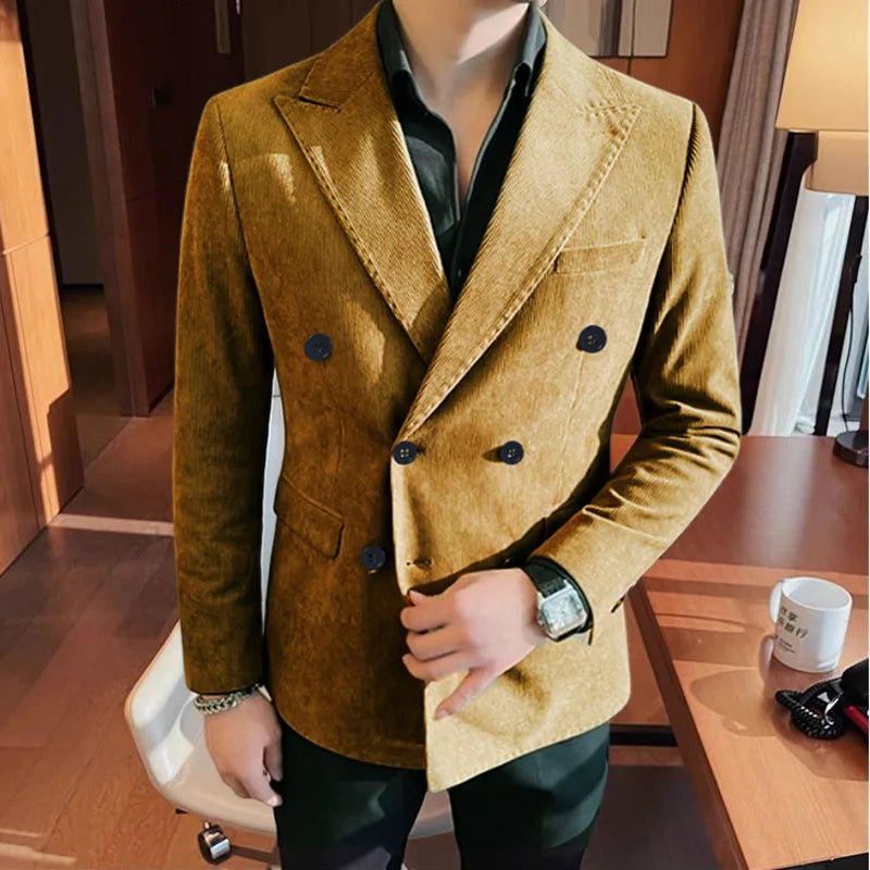 Autumn Winter Corduroy Suit Jacket Purple Man Suit Coat Solid color Double breasted slim fit Suit Man tops