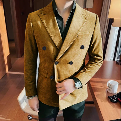 Autumn Winter Corduroy Suit Jacket Purple Man Suit Coat Solid color Double breasted slim fit Suit Man tops