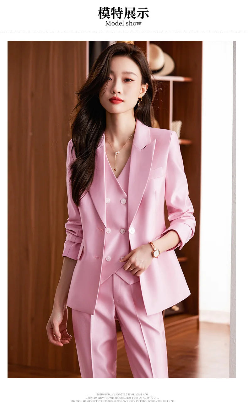 Fashion Elegant Pink High-End Small Business Suit Coat2022Autumn and Winter Elegant Vest Suit Three-Piece Korean Women's Clothin