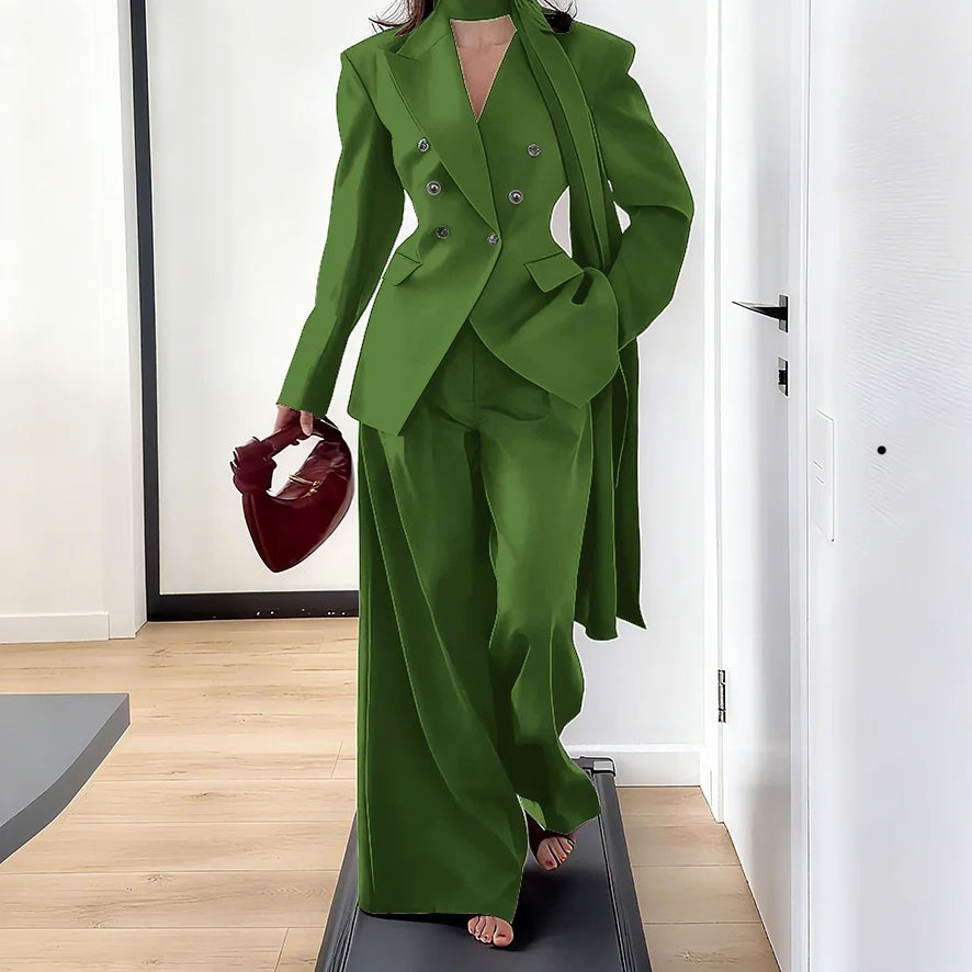 Elegant Women Double Breasted Suit Set Double Breasted Peaked Lapel Blazer+Pants Daily Slim Fit Office Evening Party Outerwears