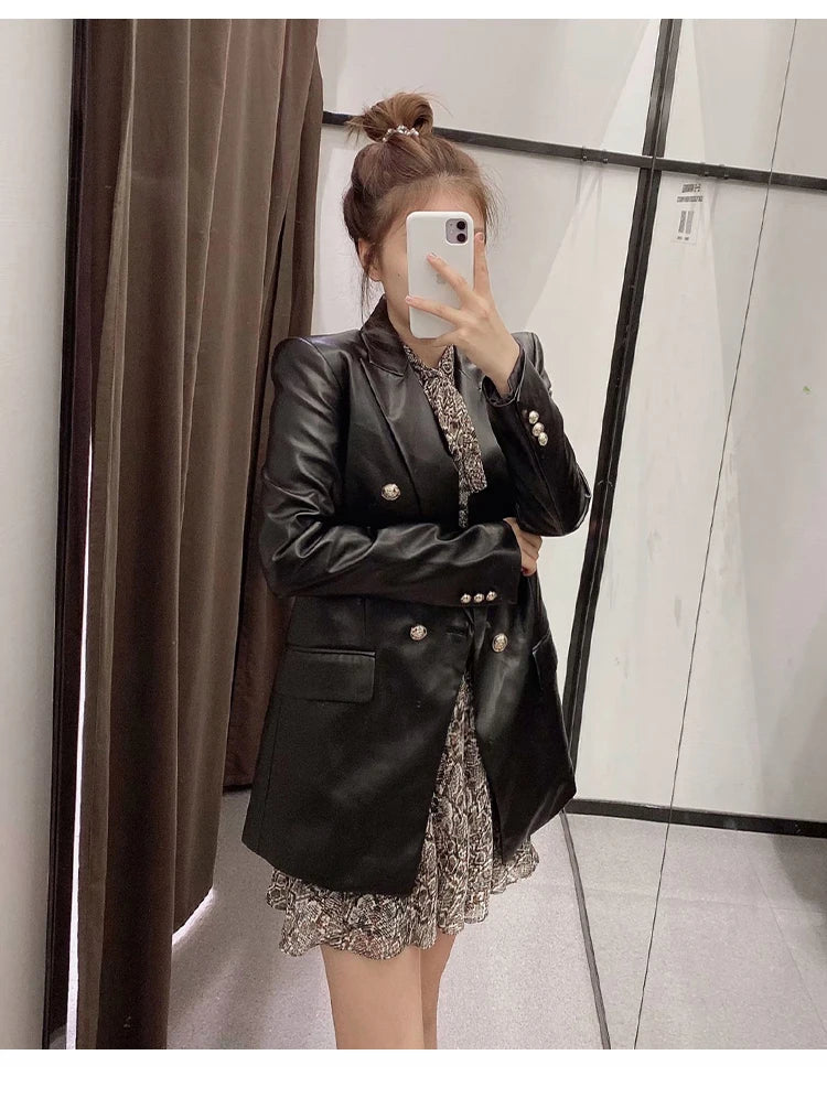 Women Fashion Notched Double Breasted PU Leather Blazers Coat Casual Straight Long Sleeve Back Vents Female Outerwear Chic Tops