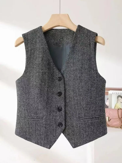 British Style Retro Suits Vests Spring Autumn V-neck Herringbone Pattern Women's Sleeveless Jacket New Blazers Waistcoat
