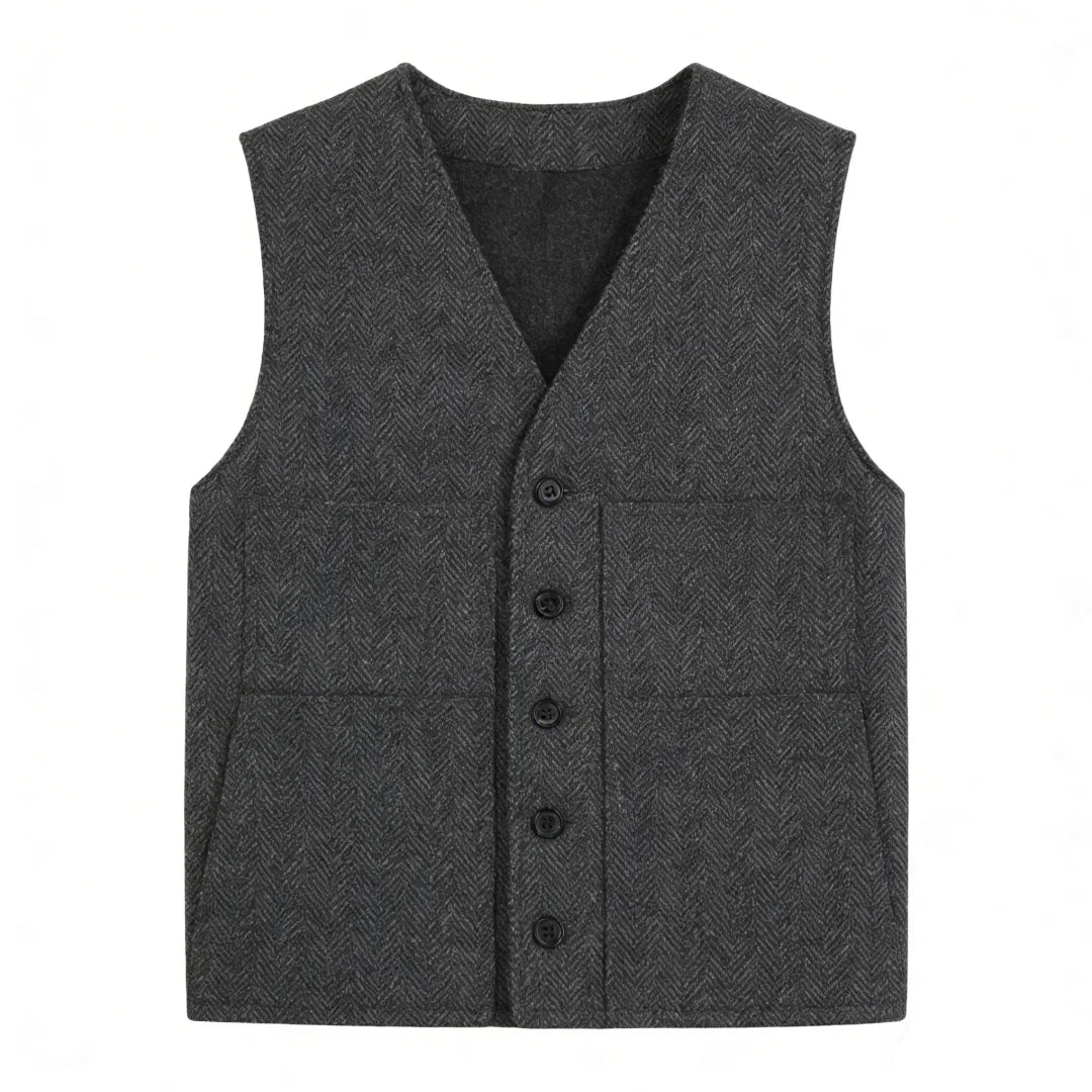 Men's Vest Gray Herringbone Single Button V-Neck Waistcoat for Wedding & Business