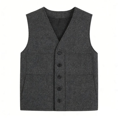 Men's Vest Gray Herringbone Single Button V-Neck Waistcoat for Wedding & Business