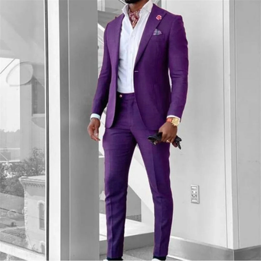 Men's 2-Piece Business Formal Classic Costume Wedding Suits Peak Groom Black Purple Blazer Jacket And Pants Set