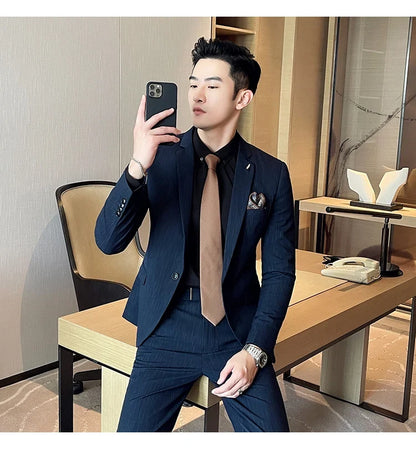 7XL 6XL(Jacket+Pant）Fashion Striped Men Slim Fit Suit Groom Wedding Tuxedo Formal Business Party Slim Fit Social Stage Costume