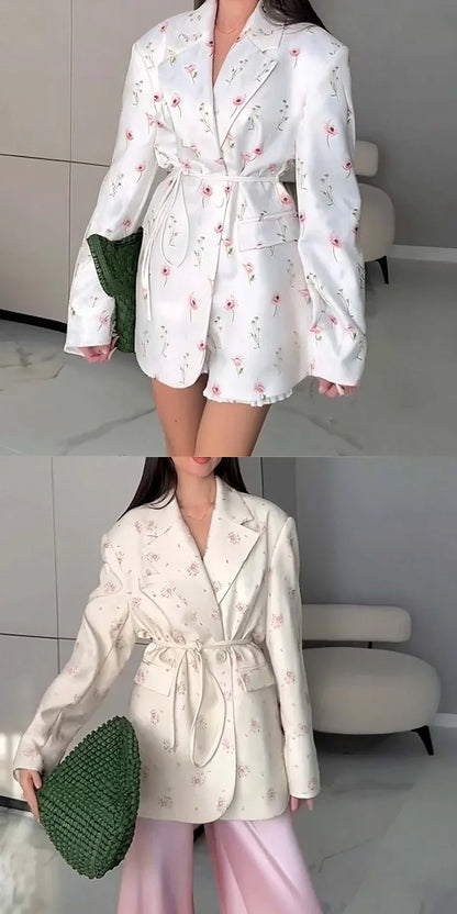 Spring Autumn Fashion Women's Pure Color Belted Shoulder Pad Suit Coat Commute Style Loose Fit Long Sleeve Regular Length