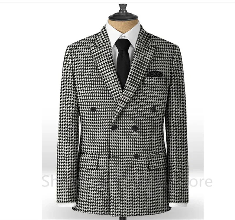 2 Piece Plaid Men Suits for Wedding/Business Slim Fit Houndstooth Checkered Groom Tuxedos Male Fashion Clothes Jacket with Pants