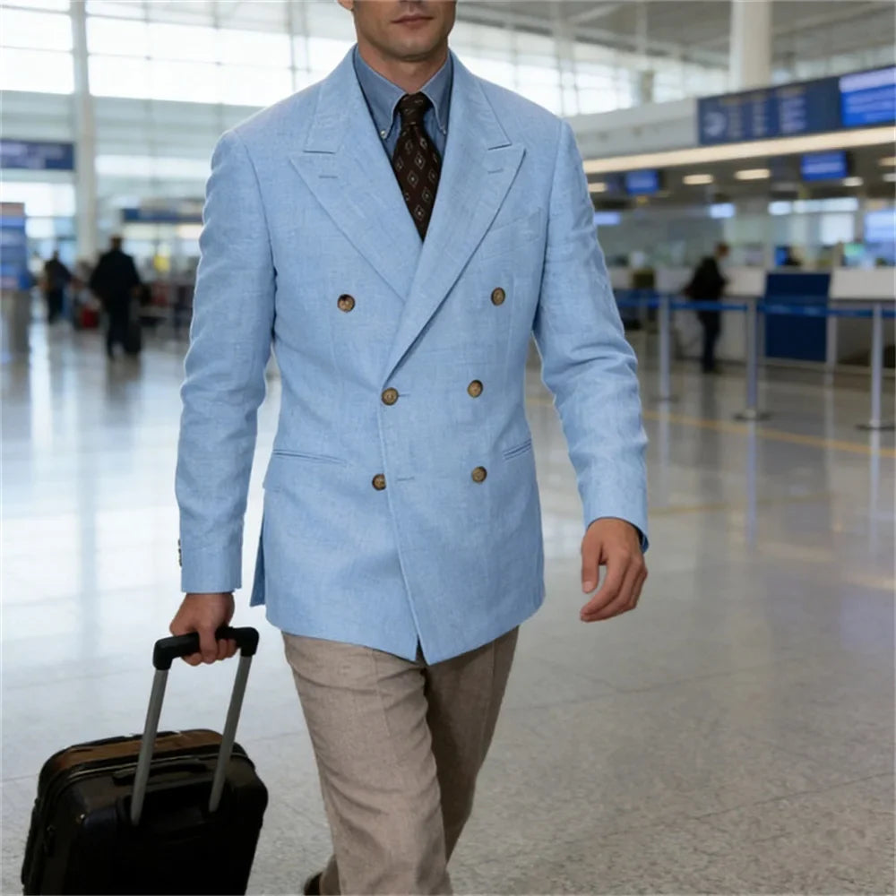 Men Linen Blazer Double Breasted Jacket Lightweight Soft Slim Coat For Business Wedding Casual Daily Party Vacation Dating