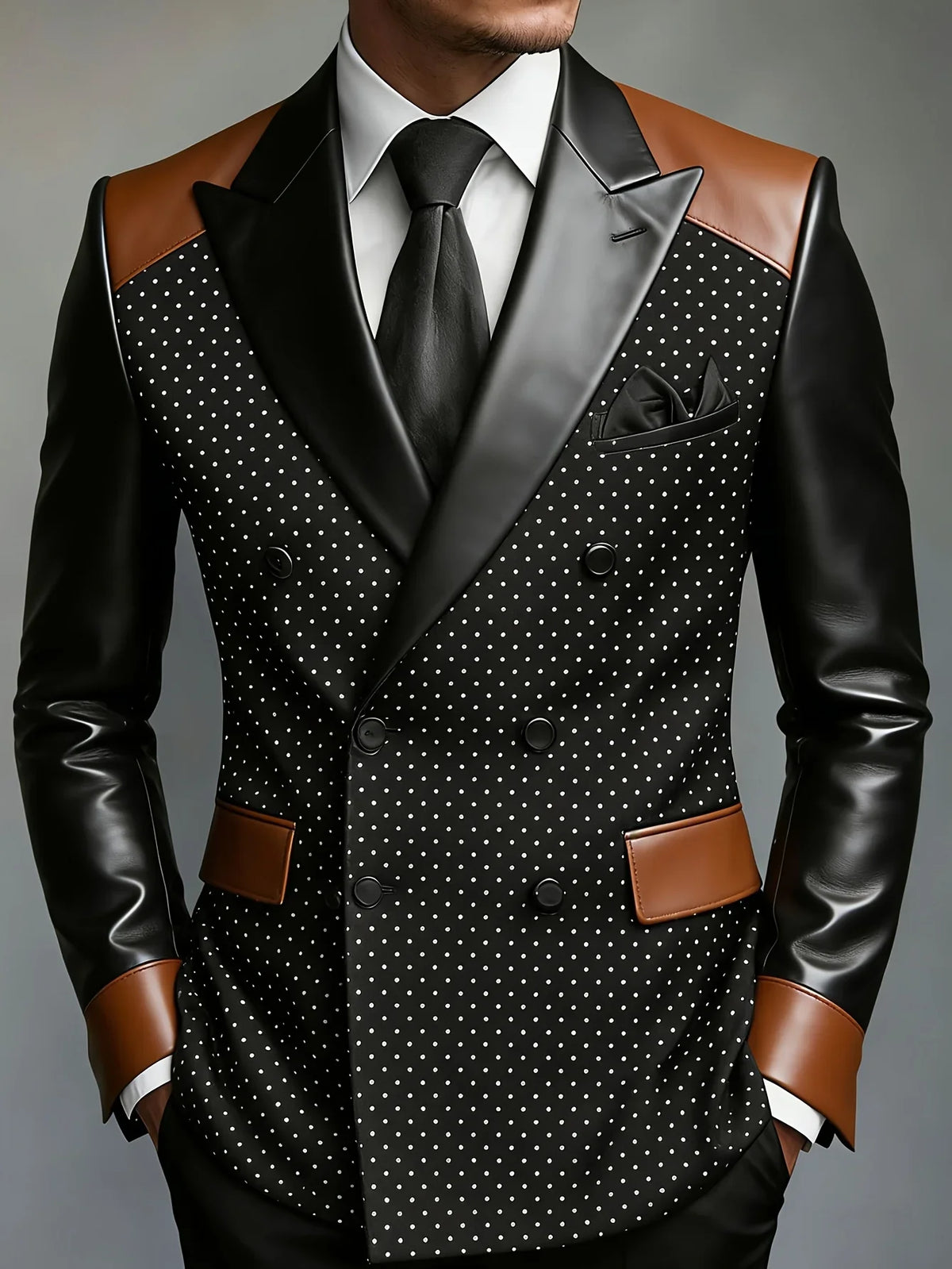 Men White Polka Dot Double Breasted Blazer Two-Tone Brown & Black Faux Leather Lapel Sleeve Trim Slim Fit Wedding Stage Groom Fo
