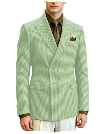 Men's Houndstooth Double Breasted Blazer Vintage Slim Jacket  Fit Formal Business Wedding Party Coat For Men Autumn Winter