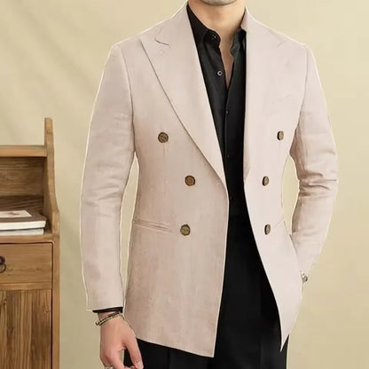 Vintage Men's Linen Blazer Double Breasted Peak Lapel Slim Fit Jacket Breathable Soft Wrinkle Free Business Casual Men Suit Coat