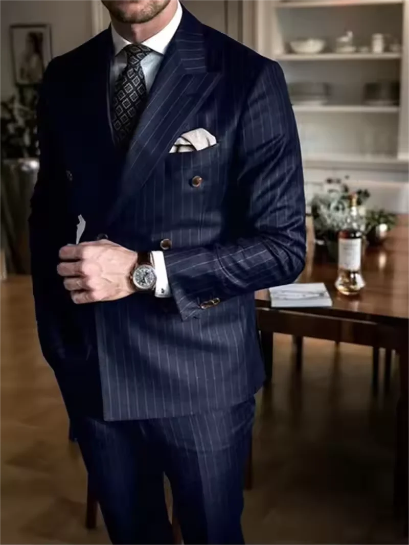 2 Pieces Stripe Fit Business Korean Edition Vertical Double Breasted Suit Men's Suit Homme Slim Wedding Banquet Set of
