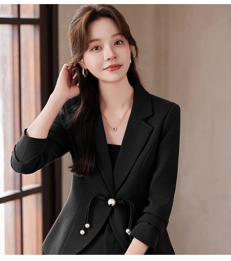 Elegant National Style Buckle Pants Suit  2024 Autumn New Professional Temperament Slim Blazer And Pants Office Ladies Work Wear