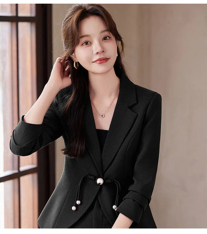 Elegant National Style Buckle Pants Suit  2024 Autumn New Professional Temperament Slim Blazer And Pants Office Ladies Work Wear