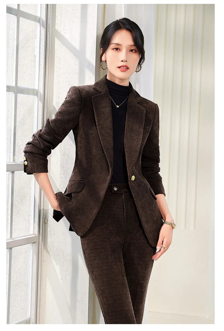 2024 Autumn New Corduroy Elegant Pant Suit Ladies Formal Business Work Wear 2 Piece Set Green Wine Jacket Blazer And Trouser