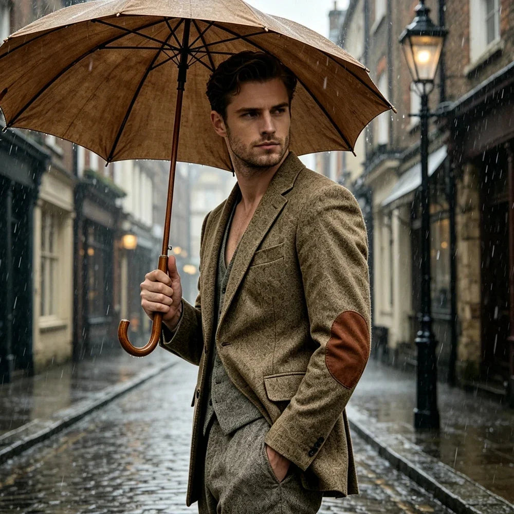 Men's Herringbone Blazer Notched Lapel With Elbow Patches Casual Suit Jacket For Business Wedding Daily Wear Party