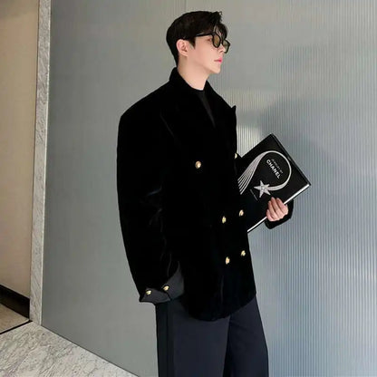 Double Breasted Korean High Quality Blazer Original Elegant Temperament Casual Male Suit Jackets Velvet New Coats LZ7346