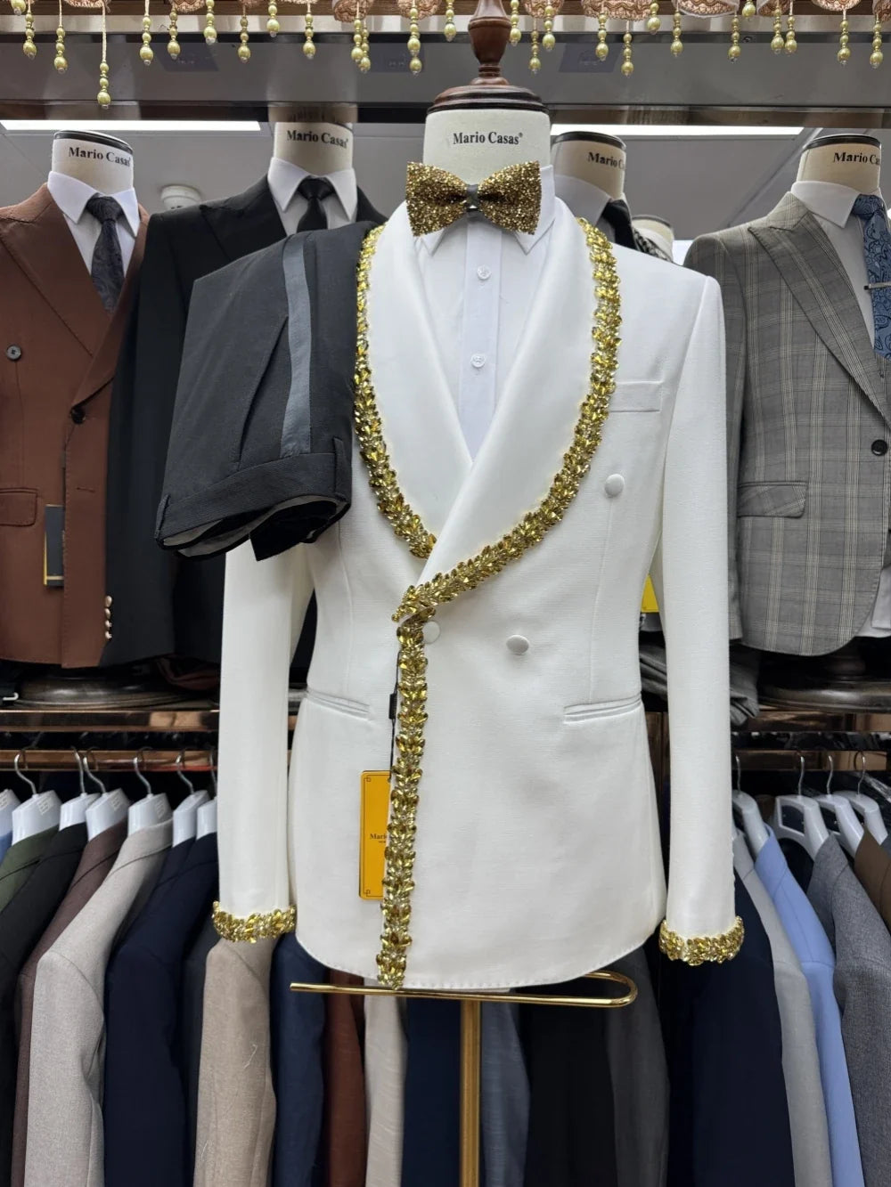New Golden Crystal Men's Formal Suits 2 Pieces Dancing Wear,Double Breasted Shawl Lapel Suit Set For Men,Slim Fit Tuxedo S-3XL