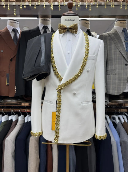 New Golden Crystal Men's Formal Suits 2 Pieces Dancing Wear,Double Breasted Shawl Lapel Suit Set For Men,Slim Fit Tuxedo S-3XL
