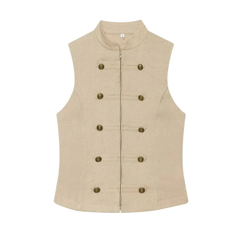 Button Up Vest Tops For Women Sleeveless Office Wear Khaki Crop Black Top Slim Fit Casual Waistcoat Top Zip Up Women’s Tops