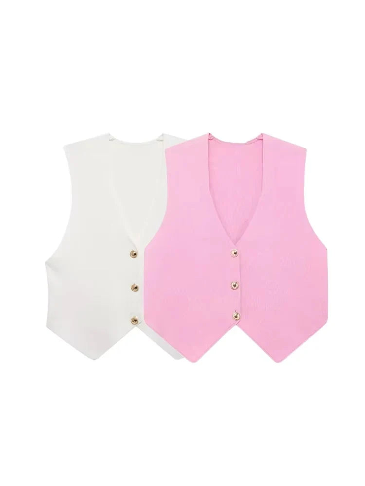 Women's Front Button Crop Knit Vest Sweater, V Neck, Sleeveless, Female Waistcoat, Chic Tops, Fashion