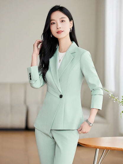 Elegant Green Apricot Black Ladies Pant Suit Women Female Business Work Wear Jacket and Trouser Blazer 2 Piece Set