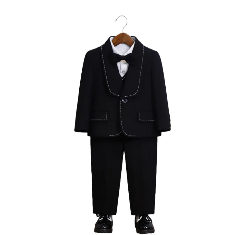 Kids Spring Autumn 5Pieces Suit Set With Jacket Vest Pants Bowtie Brooch Boys Wedding Birthday Party Performance Costume