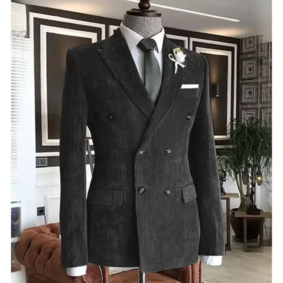 Men's Corduroy Suit 2 Piece – Double Breasted Slim Fit Blazer and Pants for Wedding, Business, and Formal Events