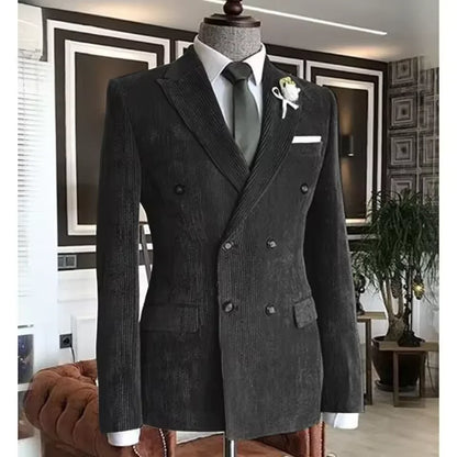 Men's Corduroy Suit 2 Piece – Double Breasted Slim Fit Blazer and Pants for Wedding, Business, and Formal Events
