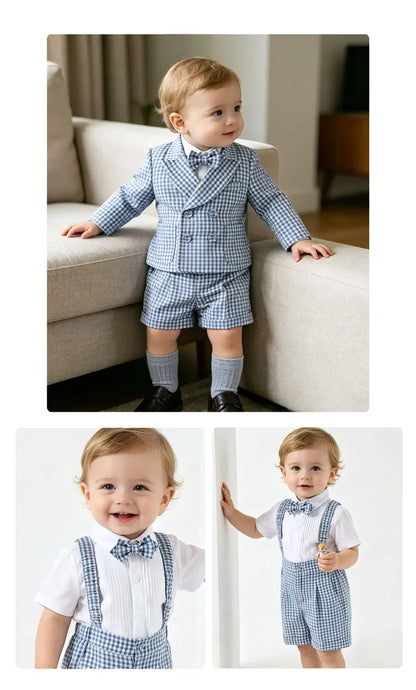 Toddler Baby Boy Checked Formal Suit Set 3 Pcs  Blazer Suspender Short Infant Gentleman Clothes For Wedding Birthday Photography