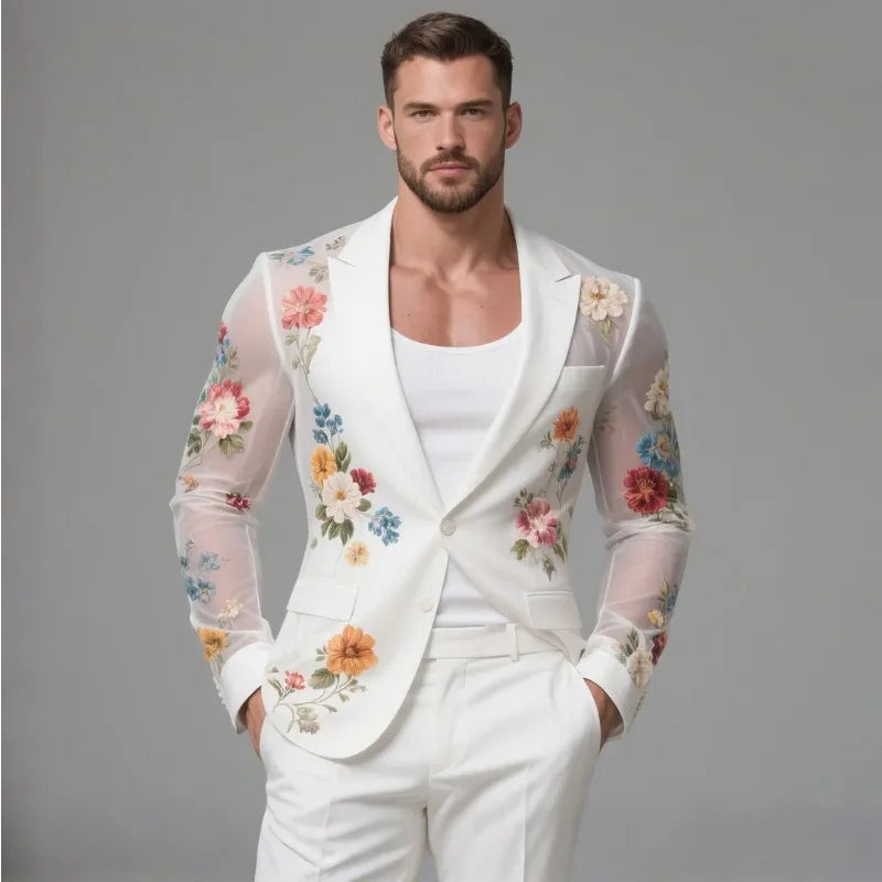 Men's Elegant See-Through Floral Print Single-Breasted Blazer
