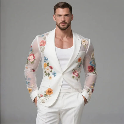 Men's Elegant See-Through Floral Print Single-Breasted Blazer